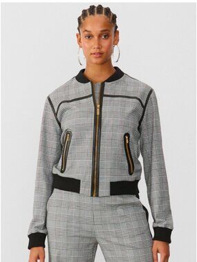 GSTQ Gary Plaid Moto Bomber Jacket XL Women Black Red Lined Biker Full Zip Edgy